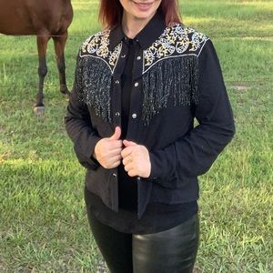 Black Fringe Embroidered Western Shirt Small